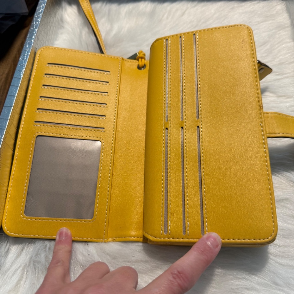 Yellow Women's Leather Wallet with Floral button - Picture 3 of 9